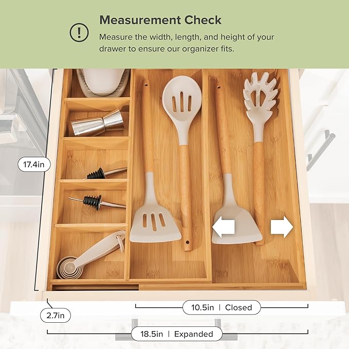 KitchenEdge Adjustable Kitchen Drawer Organizer for Utensils and Junk, Food-Safe Contract Grade with 100% Sustainable Wood, Expandable from 10.5 to 19 Inches Wide - Natural Bamboo