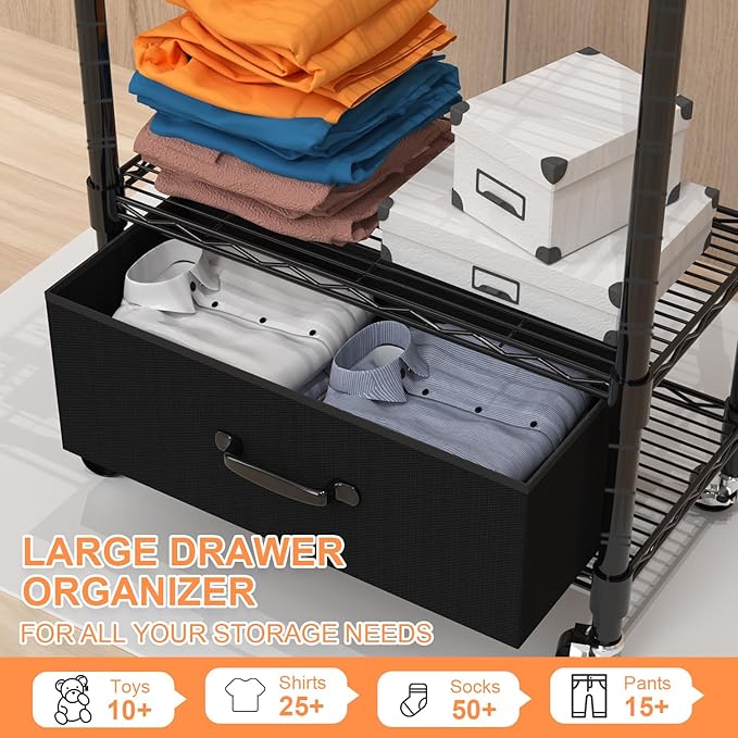 Clothes Rack, Clothing Rack for Hanging Clothes, 4 Tiers Adjustable Closet Organizer System with Drawer | Double Rods | Side Hooks | Load 445lbs | 23" L x 13.18" W x 78.74" H | Black