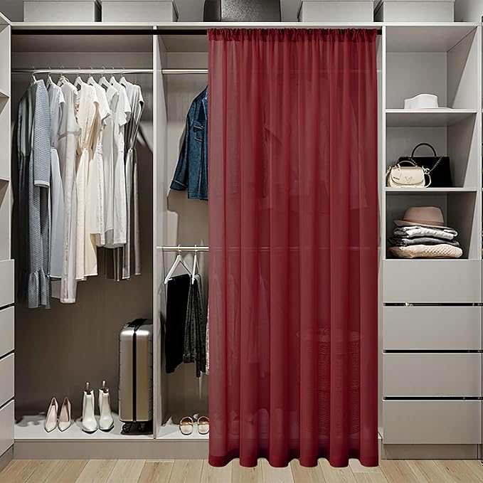 Tollpiz Short Sheer Door Curtain Closet Linen Textured Curtain Sheers Doorway Light Filtering Voile Patio Glass Door Rod Pocket Curtains French Door, 54 x 54 inches Long, Burgundy Red, Set of 1 Panel
