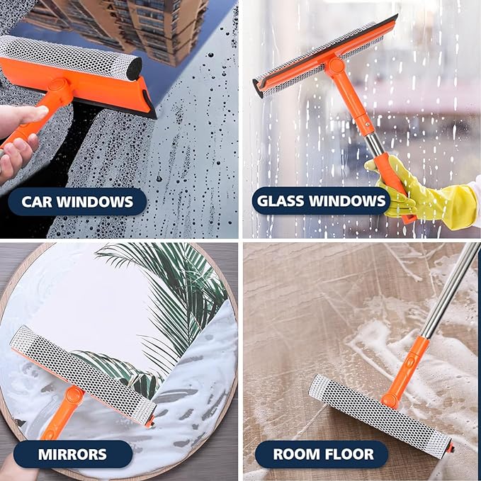 Professional Window Squeegee,2 in 1 Squeegee Window Cleaner with Long Stainless Steel Handle,Sponge Car Window Squeegee for Gas Station, Glass,Shower (Sponge Style)