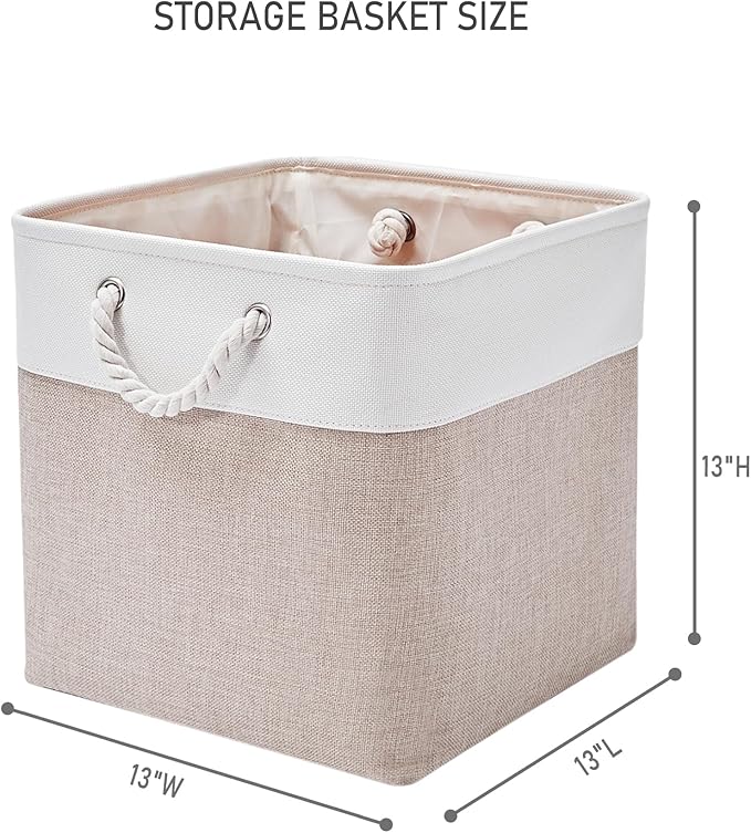 13 x 13 Inch Storage Cubes，6 Pack Cube Storage Bins for Shelves，Fabric Collapsible Storage Bins with Handles, Foldable Storage Basket for Organizing Clothes, Toys, Books (White&Beige)