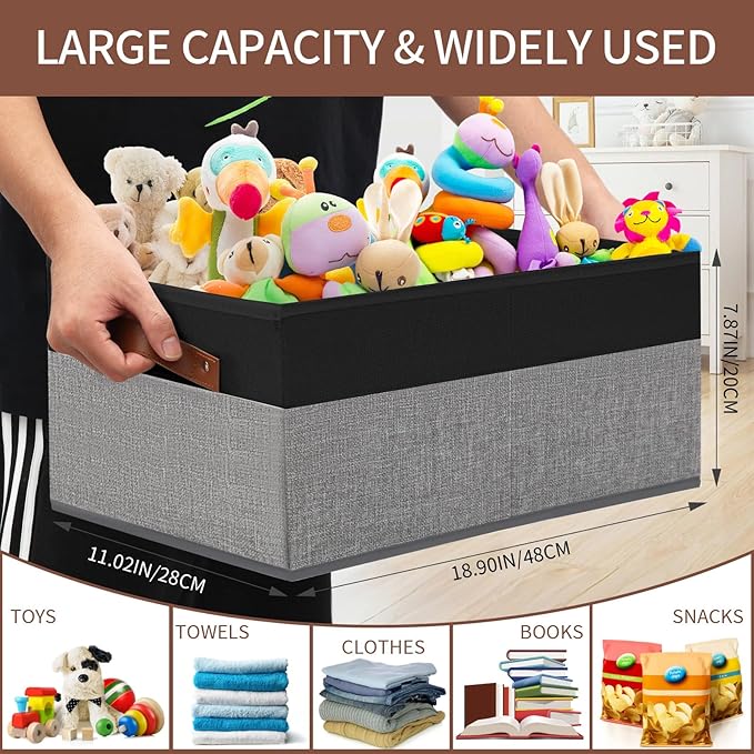 3 Pack Large Capacity Storage Bins Closet Organizer for Shelves, Fabric Closet Storage Baskets Boxes with Leather Handles for Organizing Clothes, Sheets, Jeans, Toys, Books (Black and Grey)
