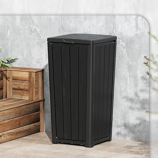 Outdoor Trash Can with Lid, Waterproof Resin Garbage Can with Tiered Lid, Outside Trash Bin for Patio, Kitchen, Backyard or Deck
