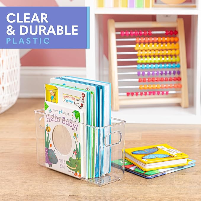 Plastic Food Storage 4 Pack Clear Container Bin with Handles for Organizing Kitchen, Pantry, Refrigerator, Freezer, Pantry, Cabinet, Closet, Bathroom. 10”x4”x6”
