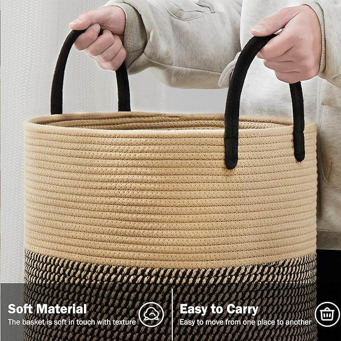 YOUDENOVA Woven Rope Laundry Hamper Basket, 100L Tall Laundry Basket, Baby Nursery Hamper for Blanket Storage, Clothes Hamper for Laundry in Bedroom-Extra Large-Black Brown