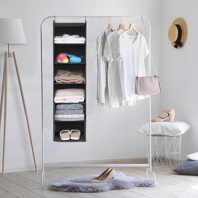 MAX Houser 6 Tier Shelf Hanging Closet Organizer, Closet Hanging Shelf with 2 Sturdy Hooks for Storage, Foldable (Grey)