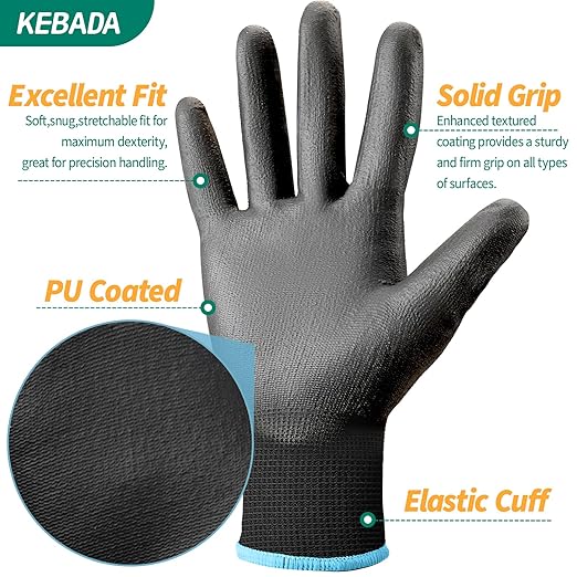 Kebada Safety Work Gloves, 12 Pairs Work Gloves with Grip, PU Coated Grip Gloves for Warehouse, Construction, Gardening and Mechanics, Black, Small