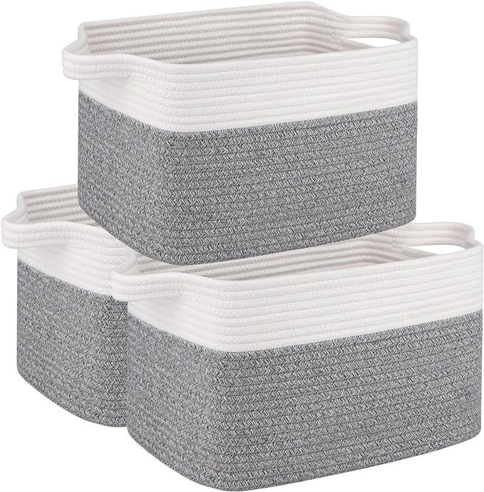 OIAHOMY 3 Pack Storage Basket for Organizing, 13''X9.85''X8.7'' Storage Bins,Woven Basket Basket with Handles, Toy Storage Basket Bin,Stylish Room Decor Basket, White & Grey variegated