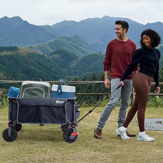 PORTAL Collapsible Wagon with Brakes, Heavy Duty Utility Cart with All-Terrain Wheels, Portable Folding Wagons for Camping, Beach, Garden, Shopping, and Groceries