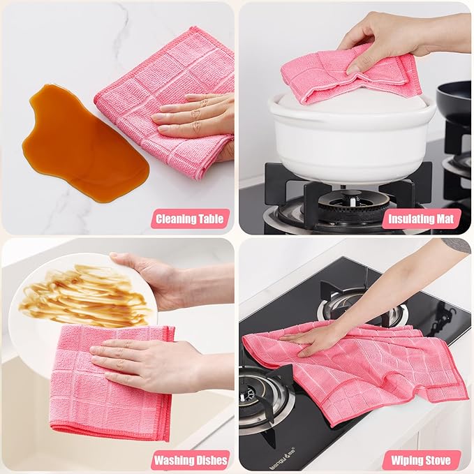 Homaxy Microfiber Kitchen Towels and Dishcloths Set, 16 Pack Soft and Absorbent Dish Hand Towels Bulk, 28 x 16 Inch & 12 x 12 Inch Quick Drying Rags for Washing Dishes, Pink
