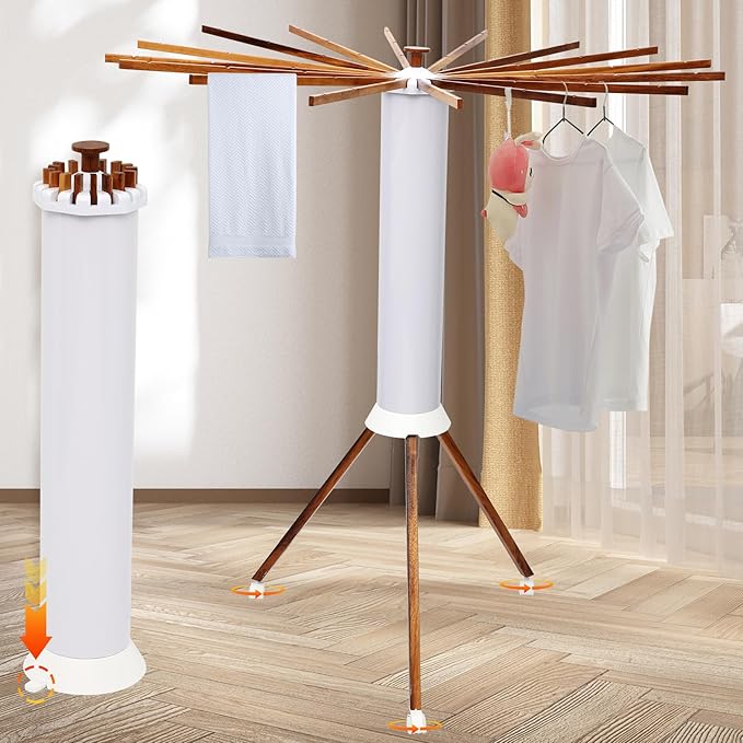 Portable Teak Tripod Clothes Drying Rack, Foldable Space-Saving Design, 16 Waterproof Teak Wood Drying Rods