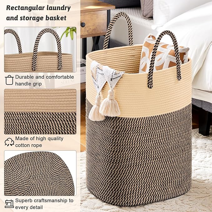 Laundry Basket,Woven Cotton Rope Laundry Hamper,Versatile Storage for Dirty Clothes,Baby Toys,and Blankets in Bathroom, Nursery,and Living Room (Jute, 40L)