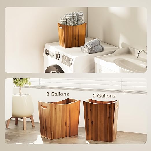 3 Gallons Rectangular Wastebaskets - Acacia Wood Waste Basket with Handles - Small Trash Can for Bathroom - Brown Garbage Bin for Spa Decorative, Kitchen Under Counter, Living Room, Office