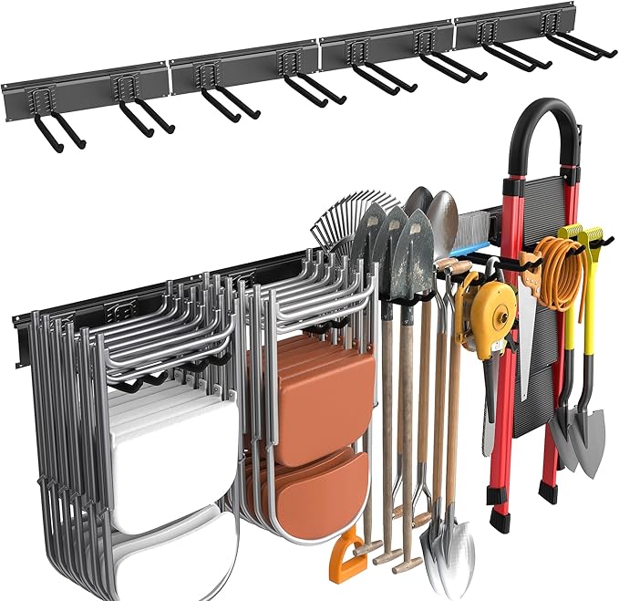 WALMANN Wall Mounted Garden Tool Organizer for Garage, Heavy Duty Folding Chair Storage Rack, 11-Inch Tools Storage Hooks for Shovels, Rakes, Ladders, Hold Up to 400 lbs