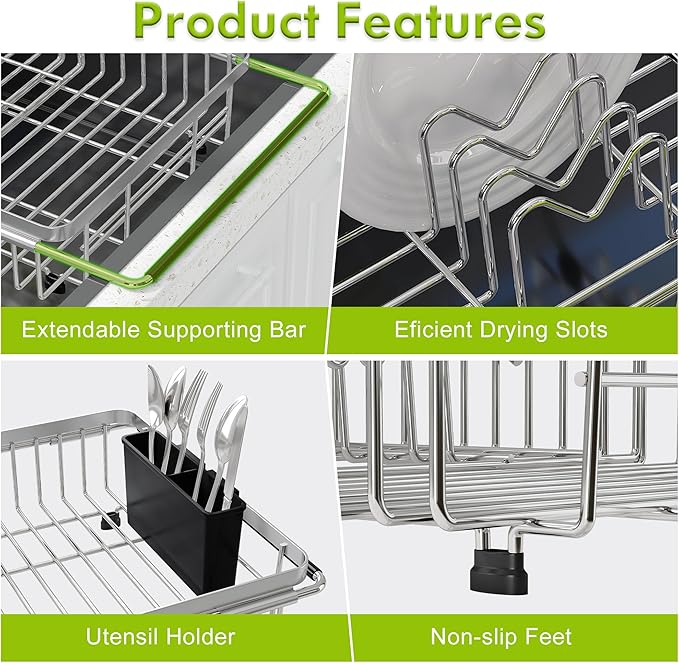 JASIWAY Dish Drying Rack in Sink, Expandable Stainless Steel Dish Drainer for Kitchen Sink, Dish Strainer Rack, Retractable Over Sink Dish Rack with Utensil Holder, 13.1''~16.6''D x 11.8''W, Silver