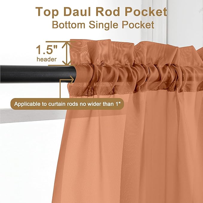 Chyhomenyc Sheer Orange Curtains 90 inches Long 2 Panels, Light Filtering Soft Airy Solid Elegant Voile Window Treatment Drapes for Bedroom Living Room Wedding Party Decor, 42 Wx90 L Inches