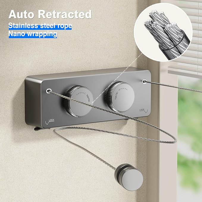 Retractable Twin Clothesline Indoor, Non-Sagging Outdoor Clothes Line Retracting Heavy Duty Clothes Drying Laundry Line Wall Mounted Stainless Steel Line-13.8Feets(Double Line-Gray)