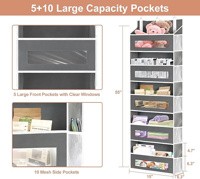 5-Tier Over The Door Storage Organizer with 10 Side Mesh Pockets, 48 lbs Load Capacity, 3 Hooks Design, Door Hanging Organizer with Clear Windows for Bathroom, Bedroom, Nursery, Kitchen-Grey