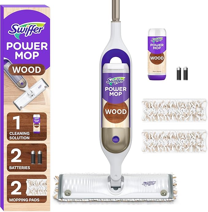 Swiffer Power Mop Wood, Hardwood Floor Cleaner for Mopping Home, Bathroom, Kitchen, All Purpose Multi-Surface Cleaning Set includes PowerMop Wood, 2 Pads, 1 QuickDry Lemon Solution, & 2 Batteries