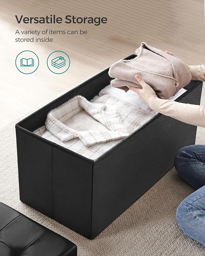 SONGMICS MAZIE Collection - 30 Inches Storage Ottoman Bench with Flipping Lid, Storage Chest Footstool, Load 660 lb, for Entryway, Living Room, Bedroom, Synthetic Leather, Black ULSF45BK