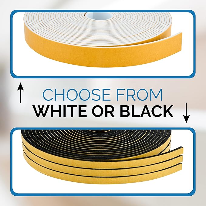 High Density Foam Weather Stripping Door Seal Strip Insulation Tape Roll for Insulating Door Frame, Window, Air Conditioner | Self Adhesive Sealing Weatherstrip (White, 1/4 in 1/8 in 50 Ft)