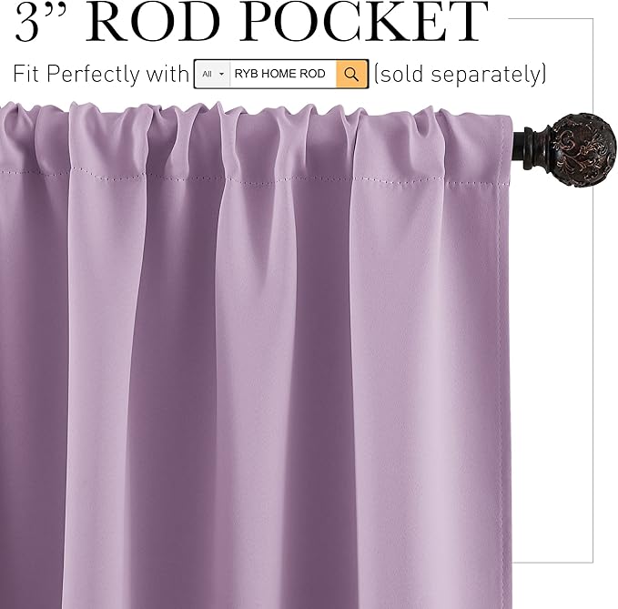 RYB HOME 70 inch Wide Curtains Blackout, Solid Durable Room Darkening Drapes for Bedroom Thermal Insulated Window Drapes for Living Room, W70 x L84 inch, 2 Panels, Lilac