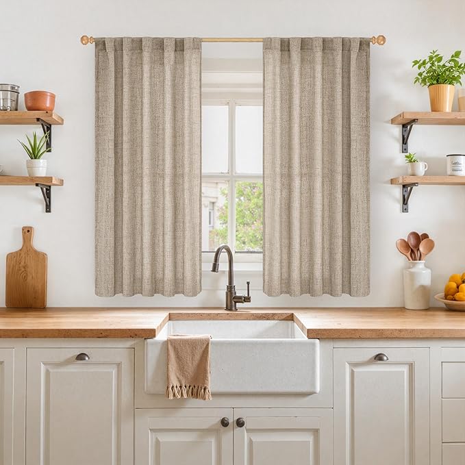 YoungsTex Dark Oatmeal Linen Curtains 45 Inch Length for Short Window, Tan Semi Sheer Drapes with Rod Pocket Back Tab Textured Light Filtering for Bathroom Bedroom, 2 Panels, 42 X 45 Inch
