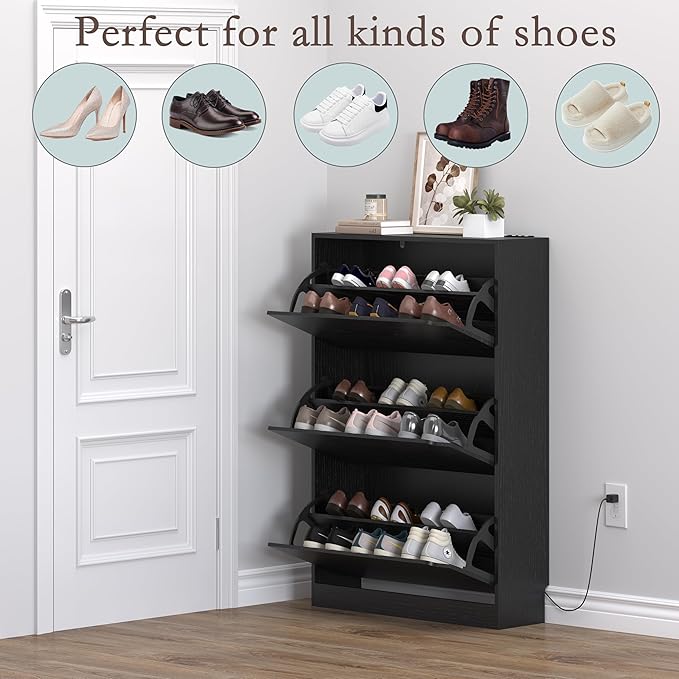 Shoe Cabinet with Odor Control and Back Panels, Deodorizing Slim 3-Flip Shoe Storage Cabinet for Entryway, Freestanding Hidden Shoe Rack Organizer for Entrance, Hallway, Bedroom