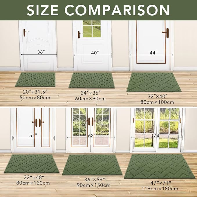 hicorfe Indoor Door Mat,Non Slip Door Mats,32"x48" Front Back Door Mat Rubber Backing,Absorbent Resist Dirt Entrance Inside Floor Mats for Entryway Washable Low-Profile(Green)