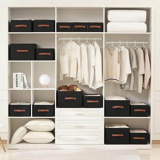 linen closet organizers and storage, 3 Pack Large Storage Baskets, Washable, Clothing Storage Bins with Handle, Closet Organizer for Storage Sweater,Sheets (Black, 16"x9½"x6¾")