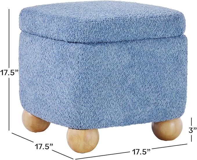 Walker Edison Linley Contemporary Small Storage Bouclé Ottoman with Wood Legs, Soft Blue