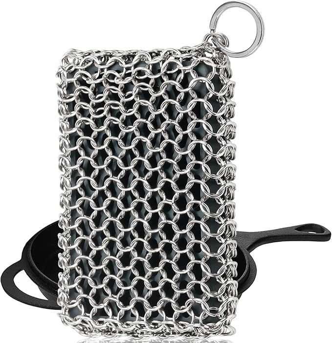 Herda Chain Mail Cast Iron Cleaner Scrubber,316 Chainmail Pan Scrubber Metal Cleaning Brush, Pad, Sponge Scraper to Clean Skillet,Dutch Oven, Wok,Grill Griddle,Chain Link Scrub Brush Pot Care Kit