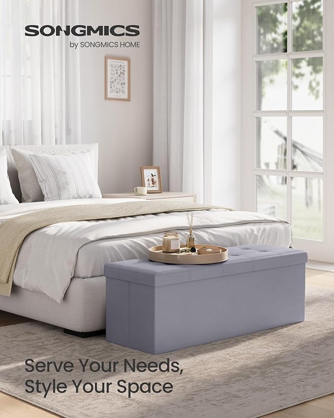 SONGMICS MAZIE Collection - 43 Inches Folding Storage Ottoman Bench, Ottoman with Storage, Foot Rest Stool, Load 660 lb, for Living Room, Synthetic Leather, Light Gray ULSF70GY