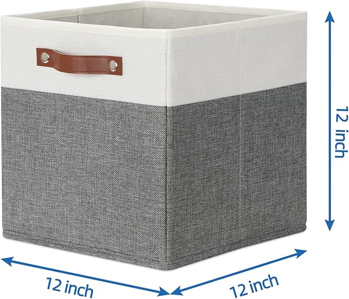 Temary Storage Cubes 12ﾗ12 Fabric Cube Storage Bins Foldable Storage Baskets with Handles, Decorative Storage Boxes for Organizing, Home, Office, Nursery, Shelf, Closet (White & Grey, 12 x 12 x 12)