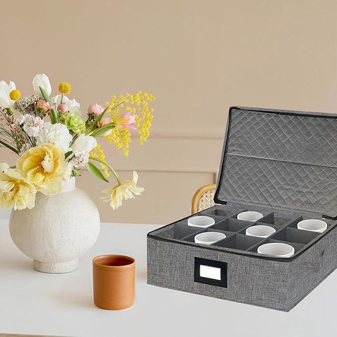 homyfort Mug Coffee Storage Box with Dividers - Stackable Glass China Storage Containers Hard Shell with Lid, Label and Handles, Holds 12 Coffee Mugs and Tea Cups (Dark Grey)