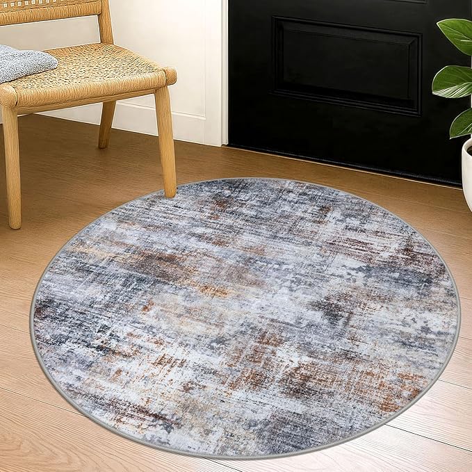 IOHOUZE Round Area Rug 3 Ft Circle Entryway Rugs Round Washable Door Mat Indoor Entrance, Non Slip Circle Front Door Rug, Printed Abstract Faux Wool Floor Carpet for Foyer Porch Sink, Orange Grey