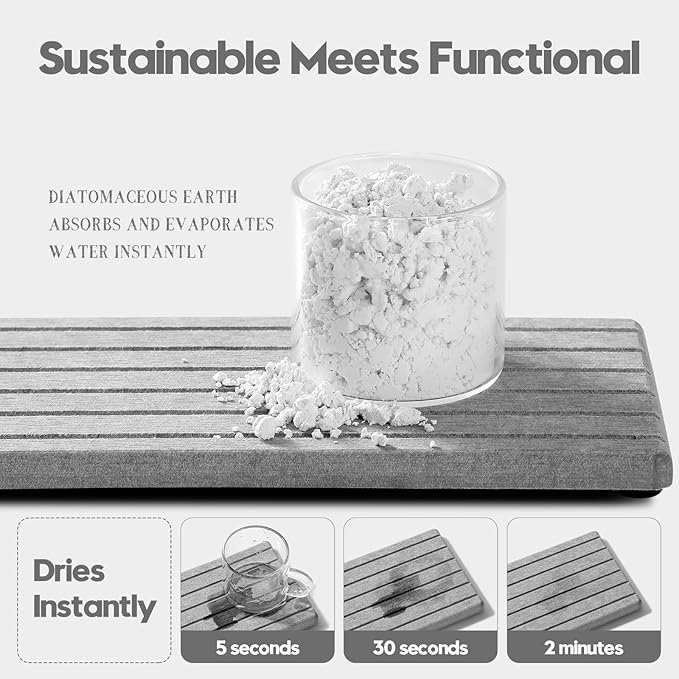 2PCS Instant Dry Diatomite Stone Counter Makeup Tray Organizer, Fast Drying Caddy Kitchen Sponge Holder Mat, Bathroom Vanity Toothbrush Bottle Dispenser Soap Dish Rack, Light Gray, 8"x 3.8"