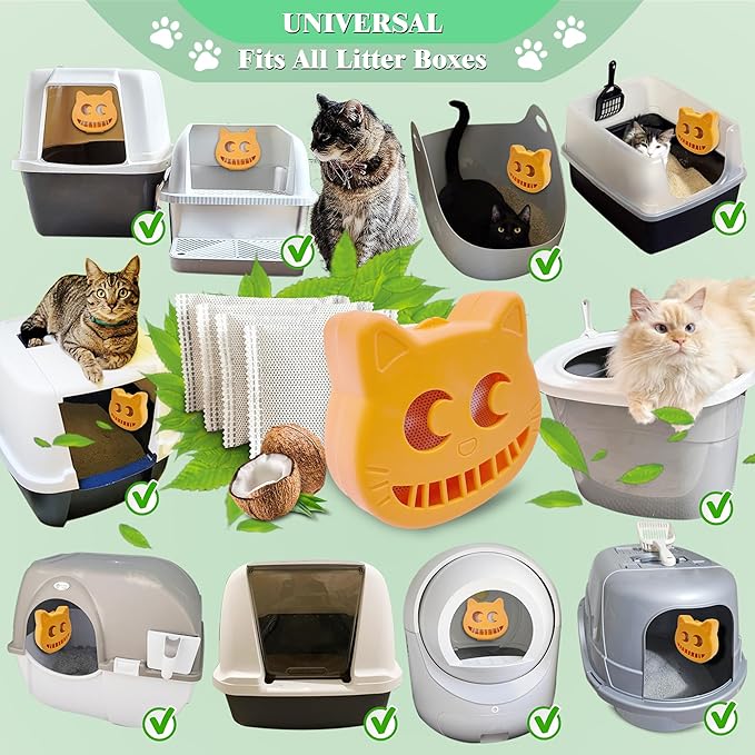 Unscented Cat Litter Box Deodorizer Kit Stick-On Activated Carbon Odor Eliminators Compatible with most manual and automatic litter boxes (4 Refills+ 1 Box) (Orange, Unscented)