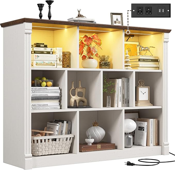 EnHomee 10 Cube Storage Organizer with LED Light and Charging Station Wood Cube Shelf White Bookshelf for Bedroom Living Room,Office,White