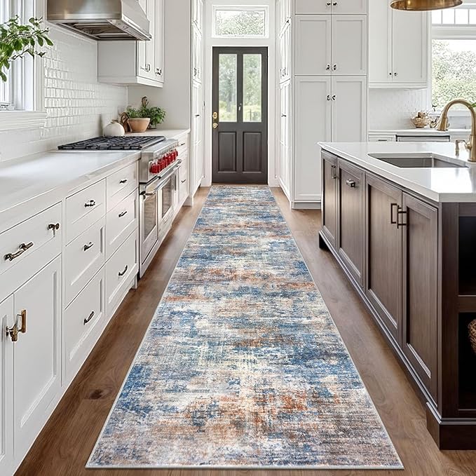 IOHOUZE Abstract Runner Rug 3x18 Ft Extra Long Washable Runners for Hallways, Non Slip Kitchen Runner Printed Faux Wool Entryway Runner Indoor, Modern Abstract Floor Carpet for Hall Stair, Blue Rust