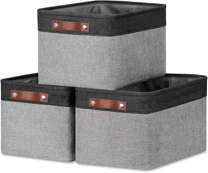 DULLEMELO Fabric Baskets for Storage, Rectangular Fabric Storage Bins Collapsible, Perfect for Shelves, Closets, Nursery, Empty Gift Baskets (3-Pack Medium-15 inch X 11 inch X 9.5 inch , Black&Grey)