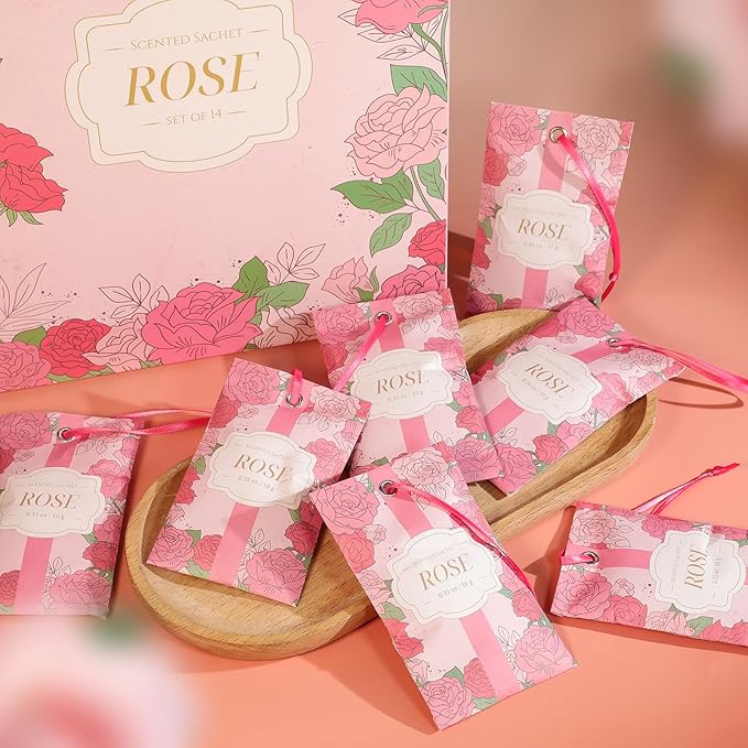 SCENTORINI Scented Sachets for Drawers and Closets, Rose Scent 14 Pack, Long-Lasting Sachets Bags Wardrobe Freshener, for Drawers, Closets, Cars