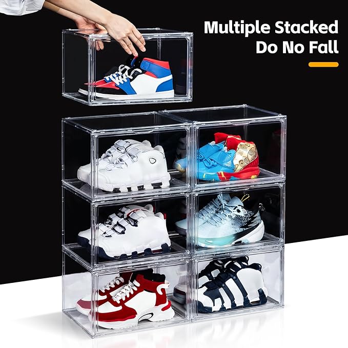 NYZE 12 Pack Acrylic Shoe Boxes Side Open, Clear Shoe Box Plastic Stackable, Shoe Storage Organizer with Magnetic Door, Shoe Display Shoe Containers with Lids Fits Up to Size 15
