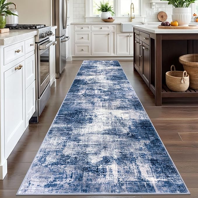 IOHOUZE Abstract Runner Rug 3x12 Ft Washable Runners for Hallways, Non Slip Kitchen Runner Printed Faux Wool Entryway Runner Indoor, Modern Abstract Floor Carpet for Hall Kitchen, Navy/Grey