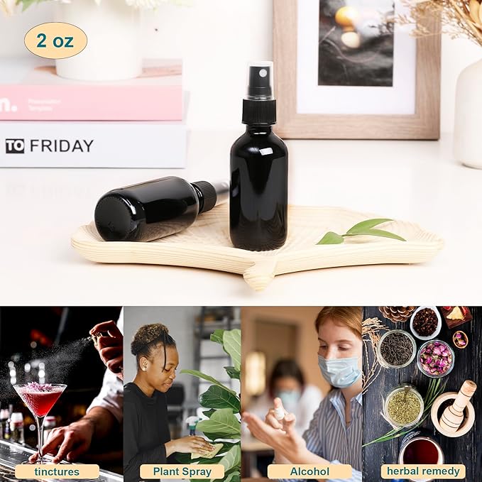 Black Glass Small Spray Bottle 2 oz 24 Packs,Fine Mist Sprayer Small Clear Bottles,Refillable Containers mini spray bottles for Cleaning Solutions and Skin Care (Black 24pcs)