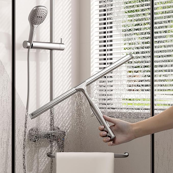 Shower Squeegee for Glass Doors, Squeegee for Shower Glass, Bathroom with Hook, Stainless Steel, 12-Inch Wide Blade for Efficient Cleaning, Perfect for Shower Glass,Tile Walls and Mirrors, Chrome