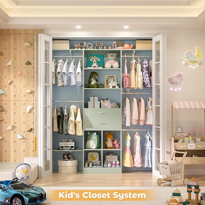 5FT Small Closet System, Baby Closet Organizer System with Wooden Drawers, 60 Inches Walk in Closet System with 5 Hanging Rods and 3 Reversible Hanging Shelving, Crab Green