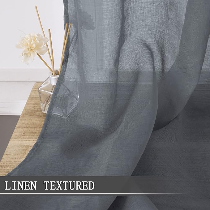 Tollpiz Short Sheer Tier Curtains Linen Textured Half Kitchen Curtain Sheers Light Filtering Rod Pocket Voile Small Curtain for Bathroom, 25 x 24 inches Long, Dark Grey, Set of 2 Panels