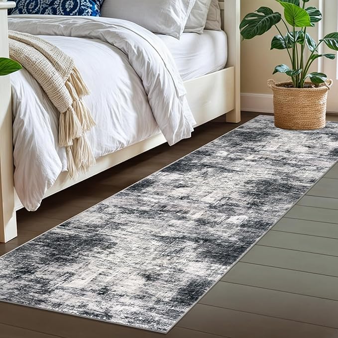 IOHOUZE Abstract Runner Rug 2x7 Ft Washable Runners for Hallways, Non Slip Kitchen Runner Printed Faux Wool Entryway Runners Indoor, Modern Abstract Floor Carpet for Hall Kitchen Bedroom, Black Gey