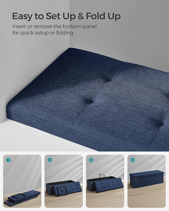 SONGMICS Mazie Collection - 43 Inches Storage Ottoman, Foldable Storage Bench with Flipping Lid, 660 lb Load Capacity, for Entryway, Living Room, Bedroom, Midnight Blue ULSF076Q02